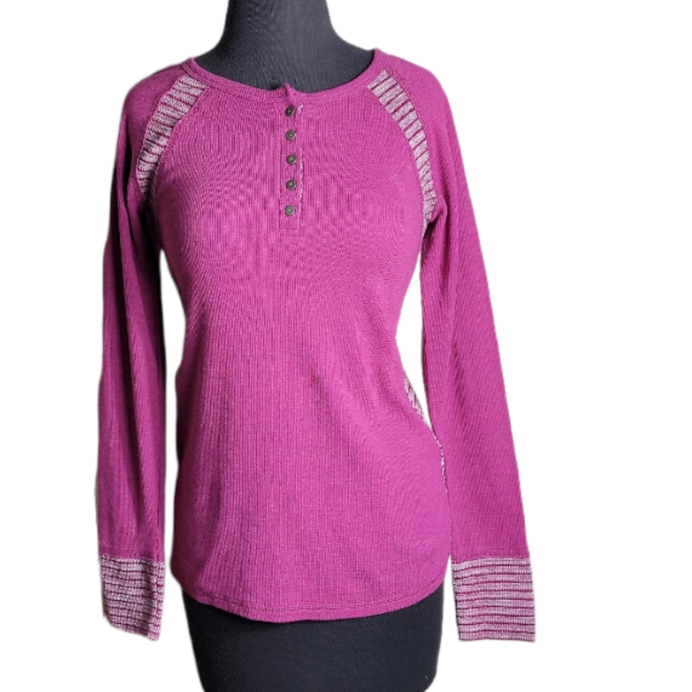 Lucky Brand thermal henley top magenta purple striped raglan women's medium